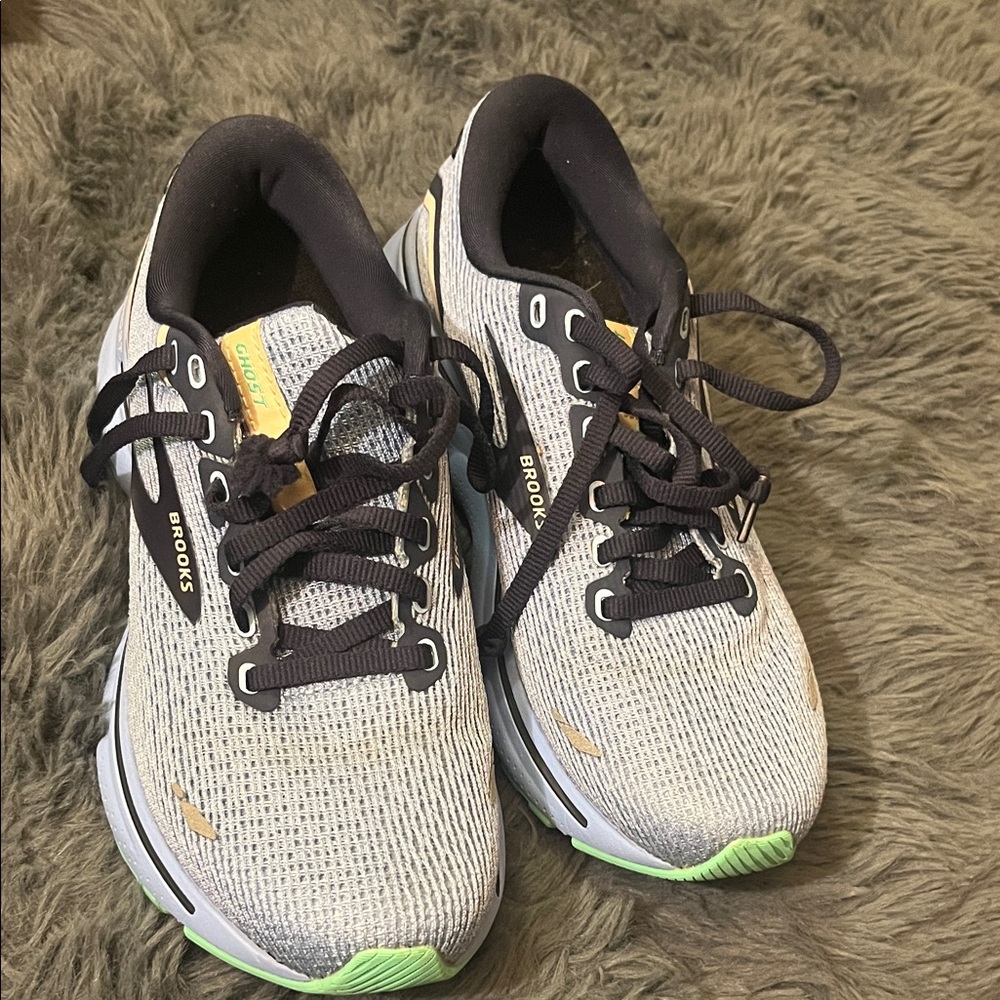 Brooks Gray and Black Athletic Shoes with Green Accents
